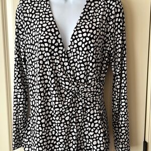 Tahari Black and White Wrap Long Sleeve Blouse